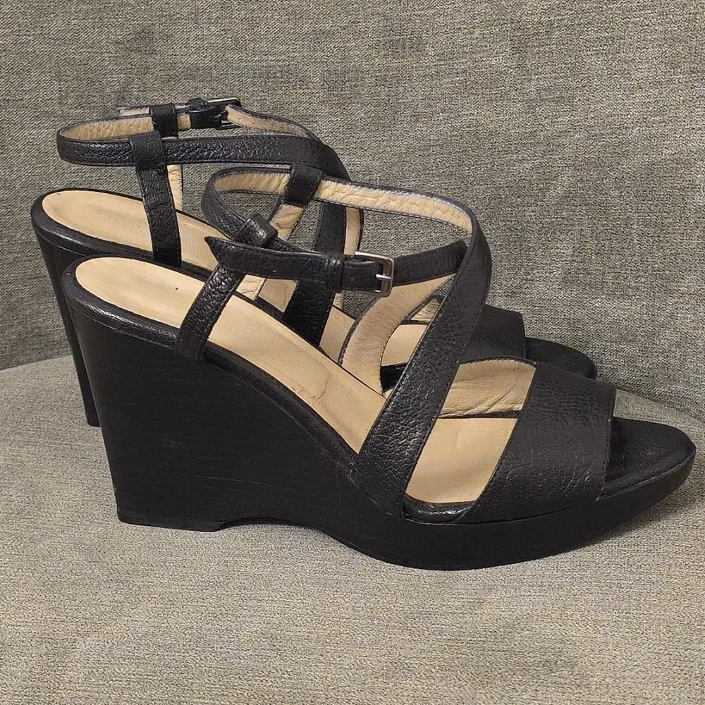Max Mara Leather‎ Wedge Platform Size 37  US 7 Black  Open Toe
